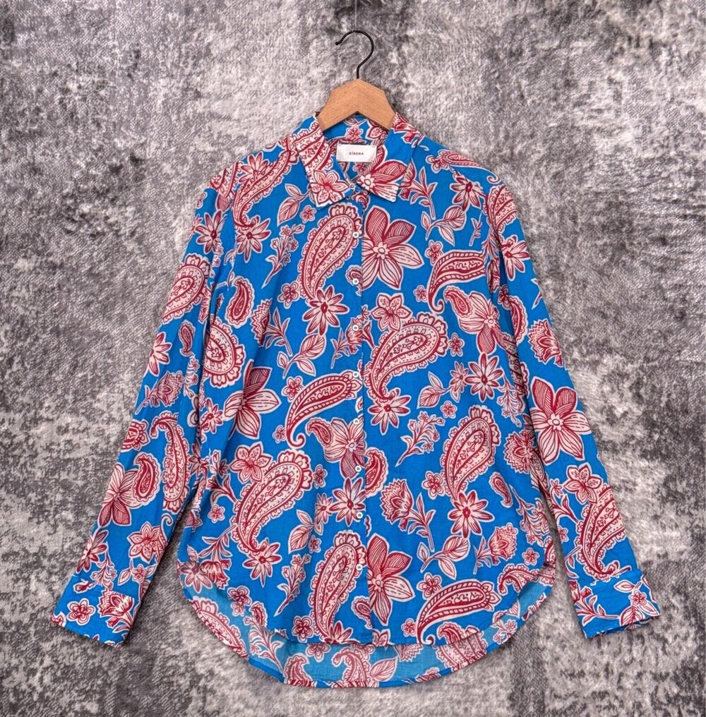 Xirena Beau Shirt Large Womens Capri Blue & Red Paisley Long Sleeve Button Up